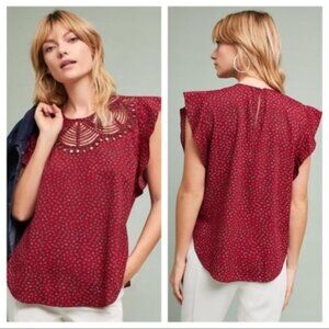 Anthro Ranna Gill Fluttered Cutwork Red Top Womens Small